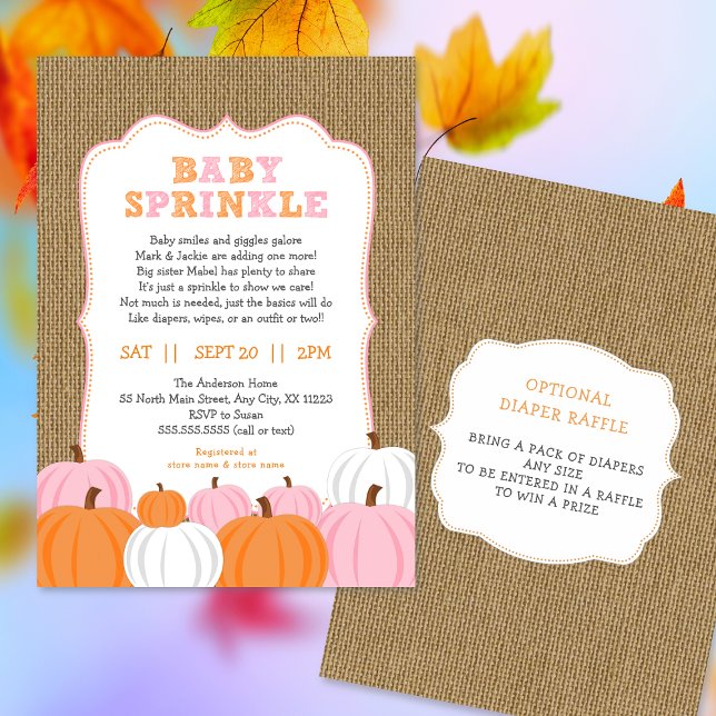 Burlap Girl Pumpkin baby sprinkle invitation (Creator Uploaded)