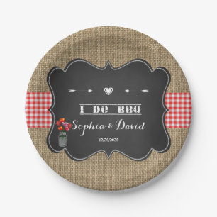 Burlap Gongham and Chalkboard I DO BBQ Custom Paper Plate