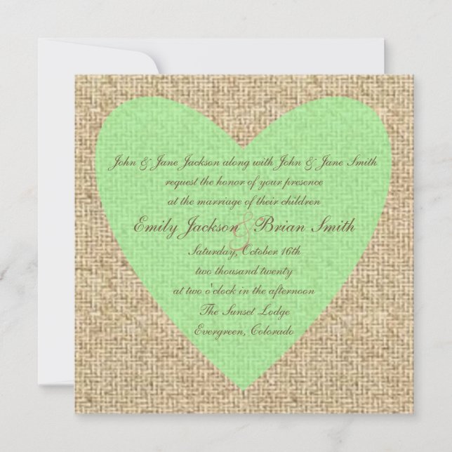 Burlap green heart rustic wedding invitations (Front)