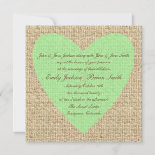 Burlap green heart rustic wedding invitations