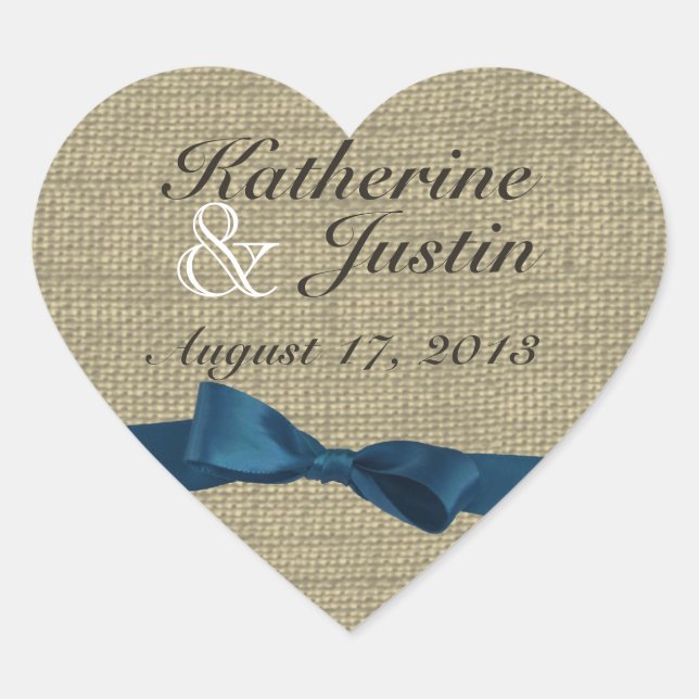 Burlap Heart and Dark Blue Bow Sticker (Front)