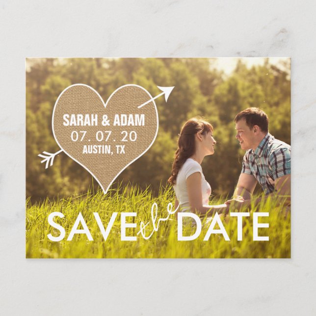 Burlap Heart | Rustic Save the Date Announcement Postcard (Front)