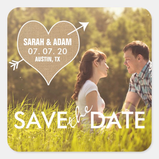 Burlap Heart | Rustic Save the Date Sticker (Front)