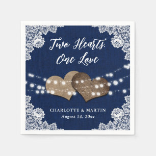 Burlap Hearts Lace Rustic Navy Blue Wedding Napkin