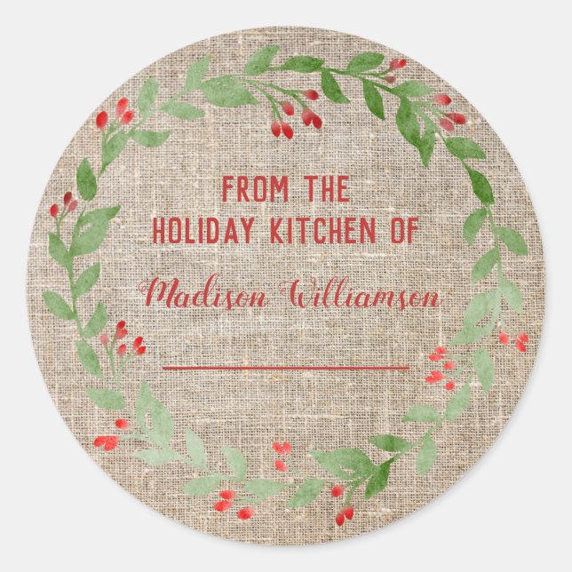 Burlap Holiday Kitchen  Canning | Homemade Jam Classic Round Sticker (Front)