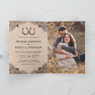Burlap Horseshoes Lace Photo QR Code Wedding Invitation