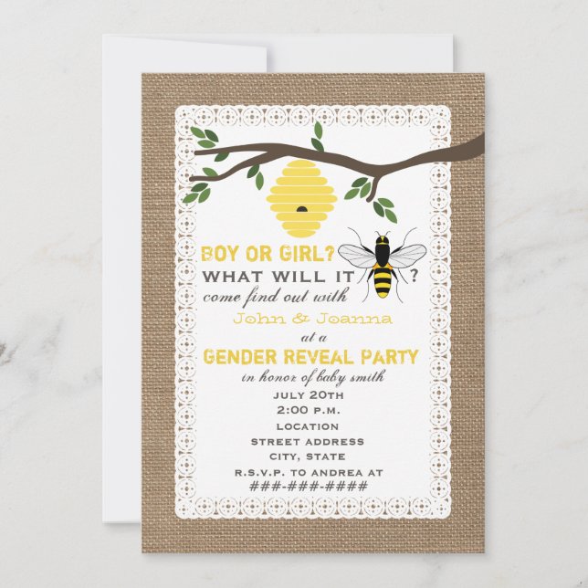 Burlap Inspired Bee Themed Gender Reveal Party Invitation (Front)