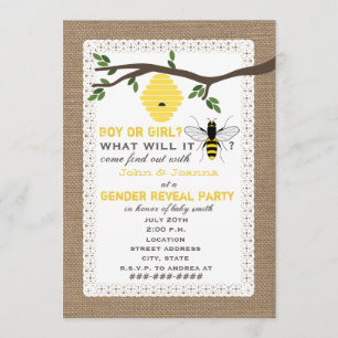 Burlap Inspired Bee Themed Gender Reveal Party Invitation