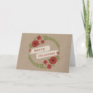 Burlap Inspired Floral Wreath Christmas Holiday Card