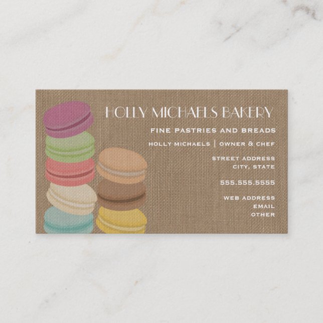 Burlap Inspired French Macarons Bakery Business Card (Front)