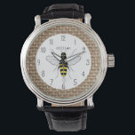 Burlap Inspired Honey Bee Personalised Watch<br><div class="desc">A watch featuring an illustration of a bee at centre.  Personalise with your name.  Background is burlap inspired.</div>