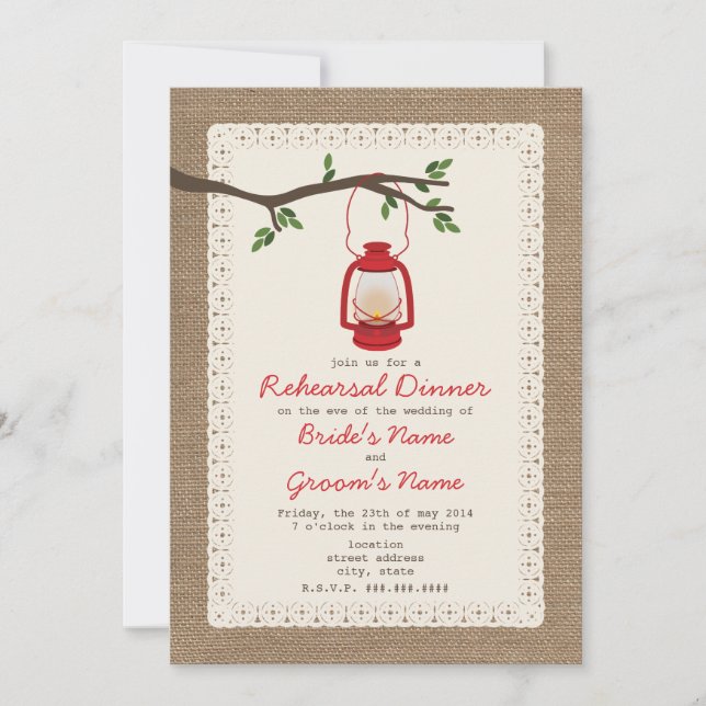 Burlap Inspired Lantern Camping Rehearsal Dinner Invitation (Front)