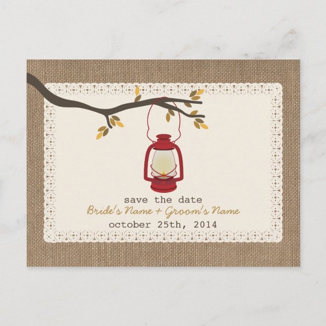 Burlap Inspired Lantern Fall Wedding Save The Date Announcement Postcard (Front)