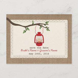 Burlap Inspired Lantern Wedding Save The Date Announcement Postcard