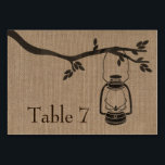 Burlap Inspired Lantern Wedding Table Number Card<br><div class="desc">A wedding table number card featuring an illustration of an oil lantern hanging from a tree branch over a burlap inspired background.  Personalise the number before you order.</div>
