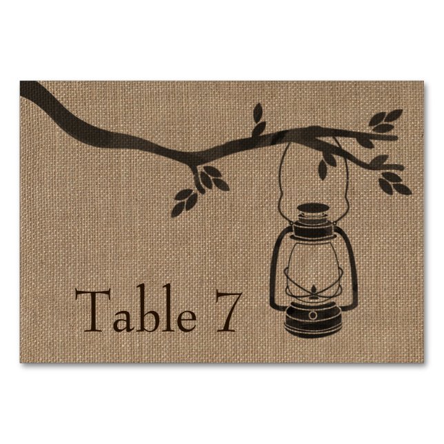 Burlap Inspired Lantern Wedding Table Number Card (Front)