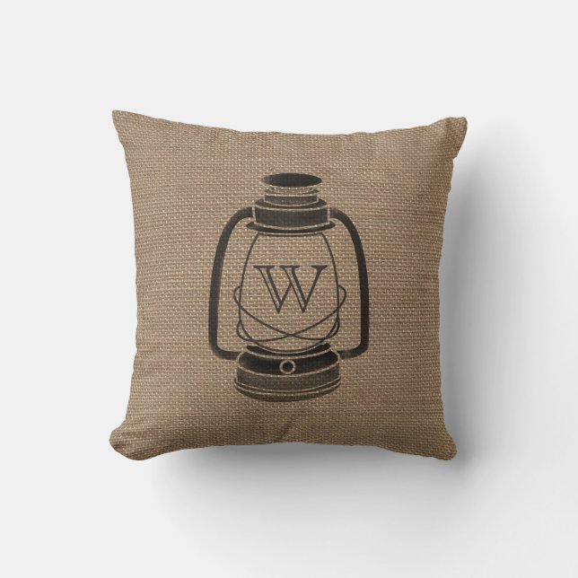 Burlap Inspired Oil Lantern Monogram Pillow (Front)