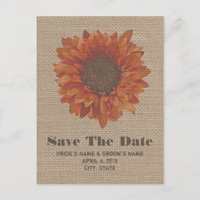 Burlap Inspired Orange Sunflower Save The Date Announcement Postcard (Front)