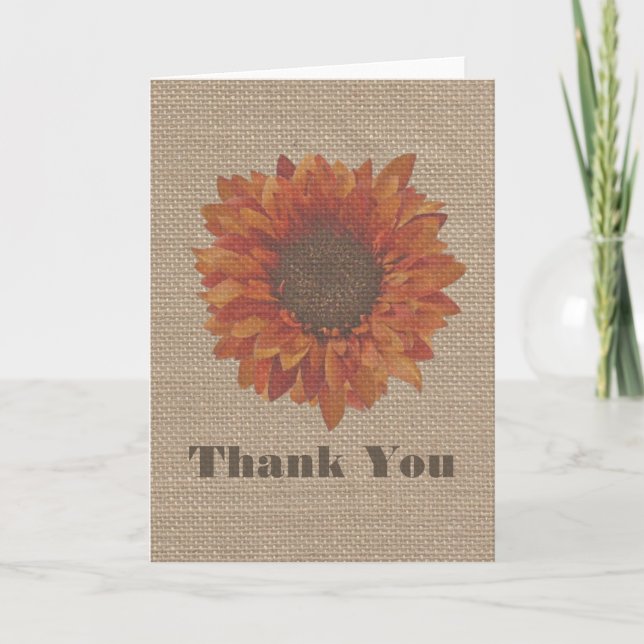Burlap Inspired Orange Sunflower Thank You Card (Front)