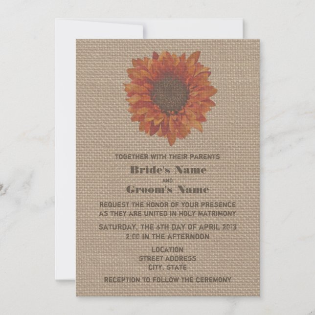 Burlap Inspired Orange Sunflower Wedding Invite (Front)