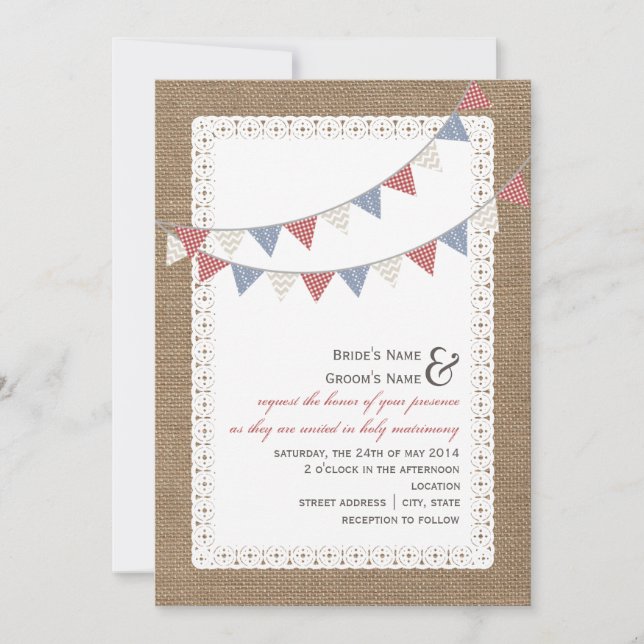 Burlap Inspired Patterned Bunting Wedding Invitation (Front)