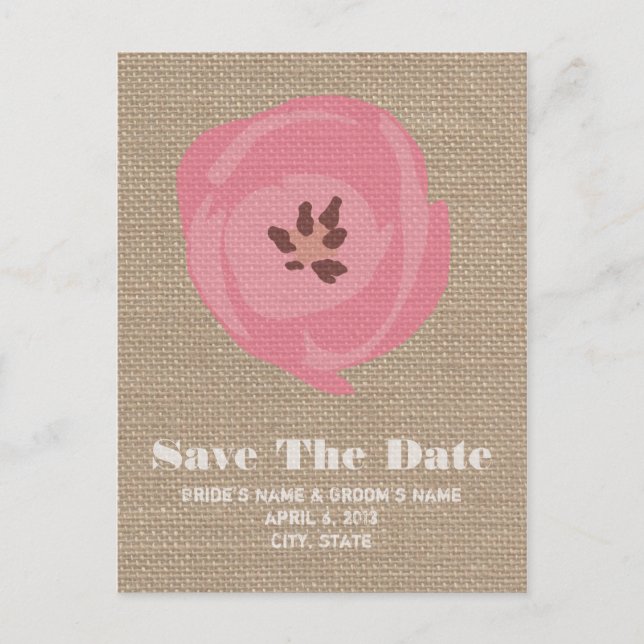 Burlap Inspired Pink Tulip Wedding Save The Date Announcement Postcard (Front)