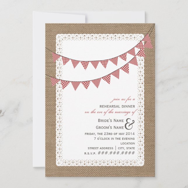 Burlap Inspired Red Gingham Bunting Rehearsal Invitation (Front)