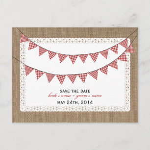 Burlap Inspired Red Gingham Flags Save The Date Announcement Postcard