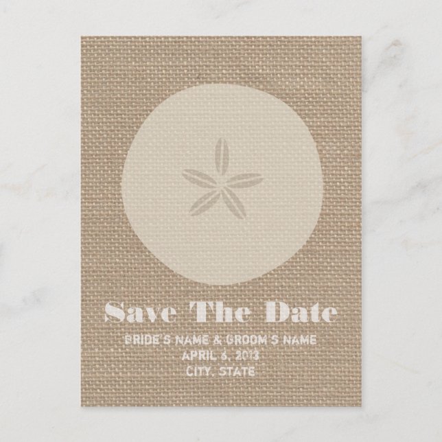 Burlap Inspired Sand Dollar Wedding Save The Date Announcement Postcard (Front)