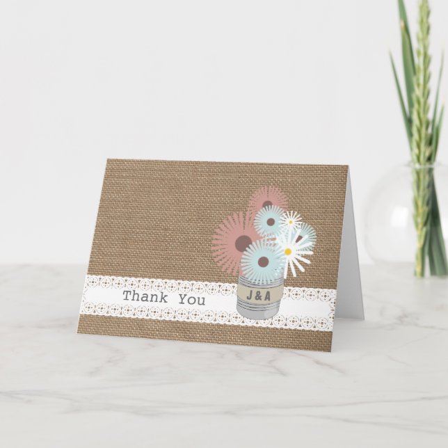 Burlap Inspired Tin Can Monogram Thank  You Thank You Card (Front)
