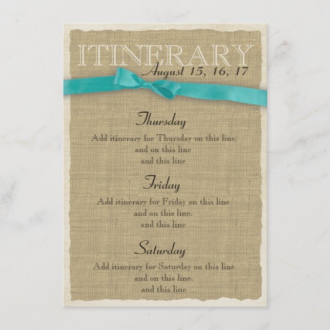 Burlap Itinerary Aqua Bow Enclosure Card (Front)