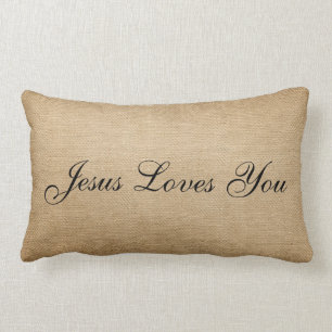 Burlap Jesus Loves You Lumbar Cushion