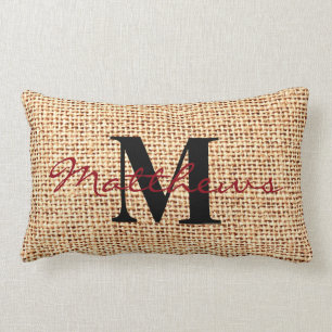 Burlap Jute Rustic Family Name Monogram Pillow
