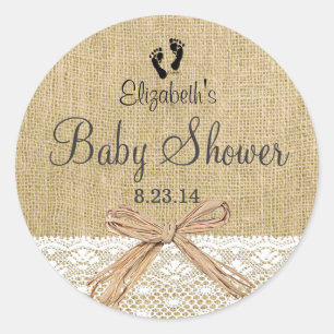 Burlap Lace and Footprints Baby Shower- Favour Classic Round Sticker