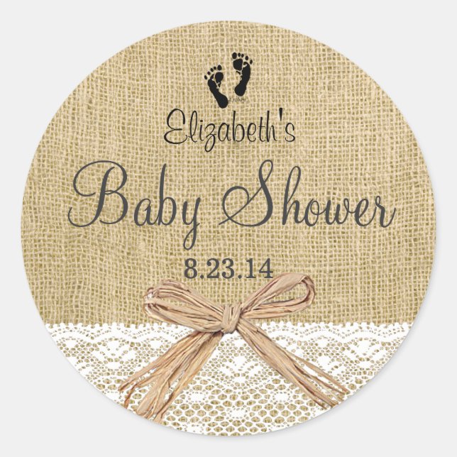 Burlap Lace and Footprints Baby Shower- Favour Classic Round Sticker (Front)