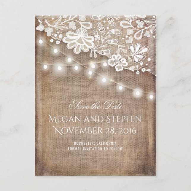 Burlap Lace and String Lights Rustic Save the Date Announcement Postcard (Front)