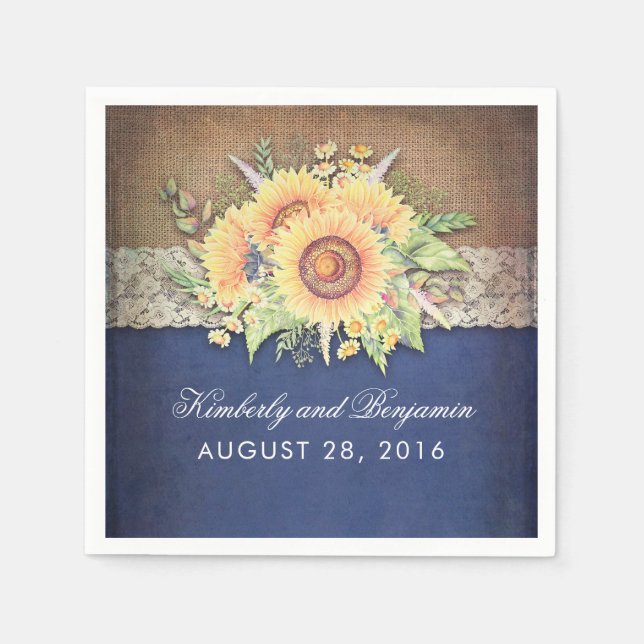 Burlap Lace and Sunflower Navy Rustic Fall Wedding Napkin (Front)