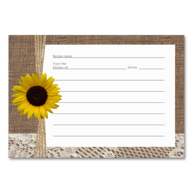 Burlap Lace and Sunflower Recipe Cards (Front)