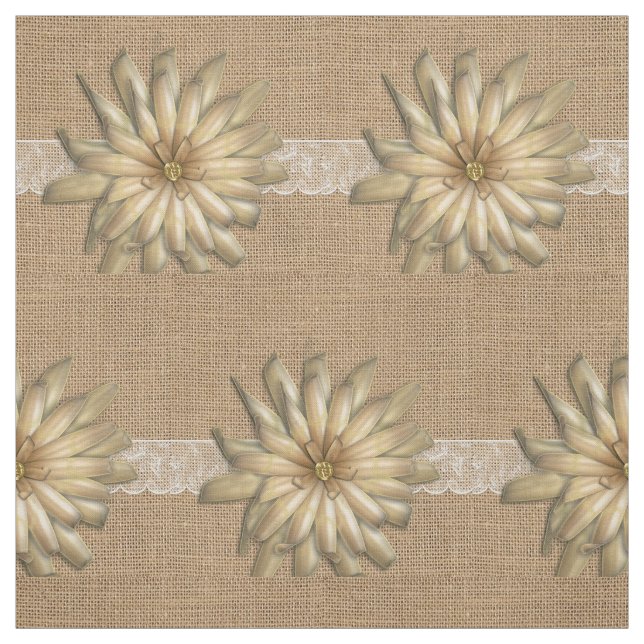 Burlap Lace and Tan Flower Print Fabric (Swatch)