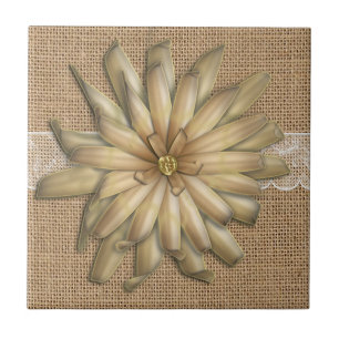 Burlap Lace And Tan Flower Tile