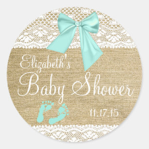 Burlap Lace Aqua Bow Classic Round Sticker