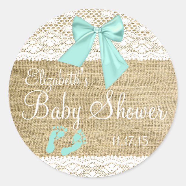 Burlap Lace Aqua Bow Classic Round Sticker (Front)
