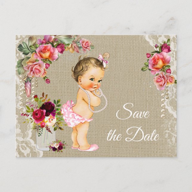 Burlap Lace Baby Shower Save the Date Postcards (Front)