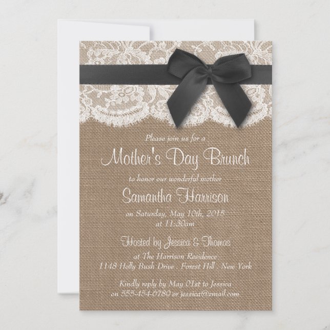 Burlap, Lace & Black Bow Mother's Day Brunch Invitation (Front)