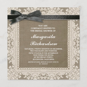 burlap lace & black ribbon bridal shower invites