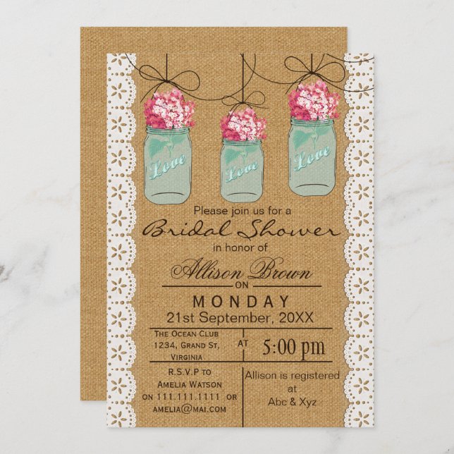 Burlap lace blue mason jar rustic bridal shower invitation (Front/Back)