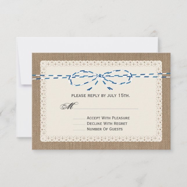 Burlap Lace & Blue Paper String Inspired RSVP Card (Front)