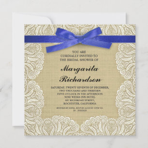 burlap lace & blue ribbon bridal shower invites