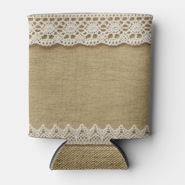Burlap, lace fabric texture. can cooler (Front)