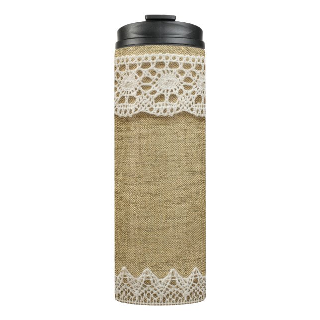 Burlap, lace fabric texture. thermal tumbler (Front)